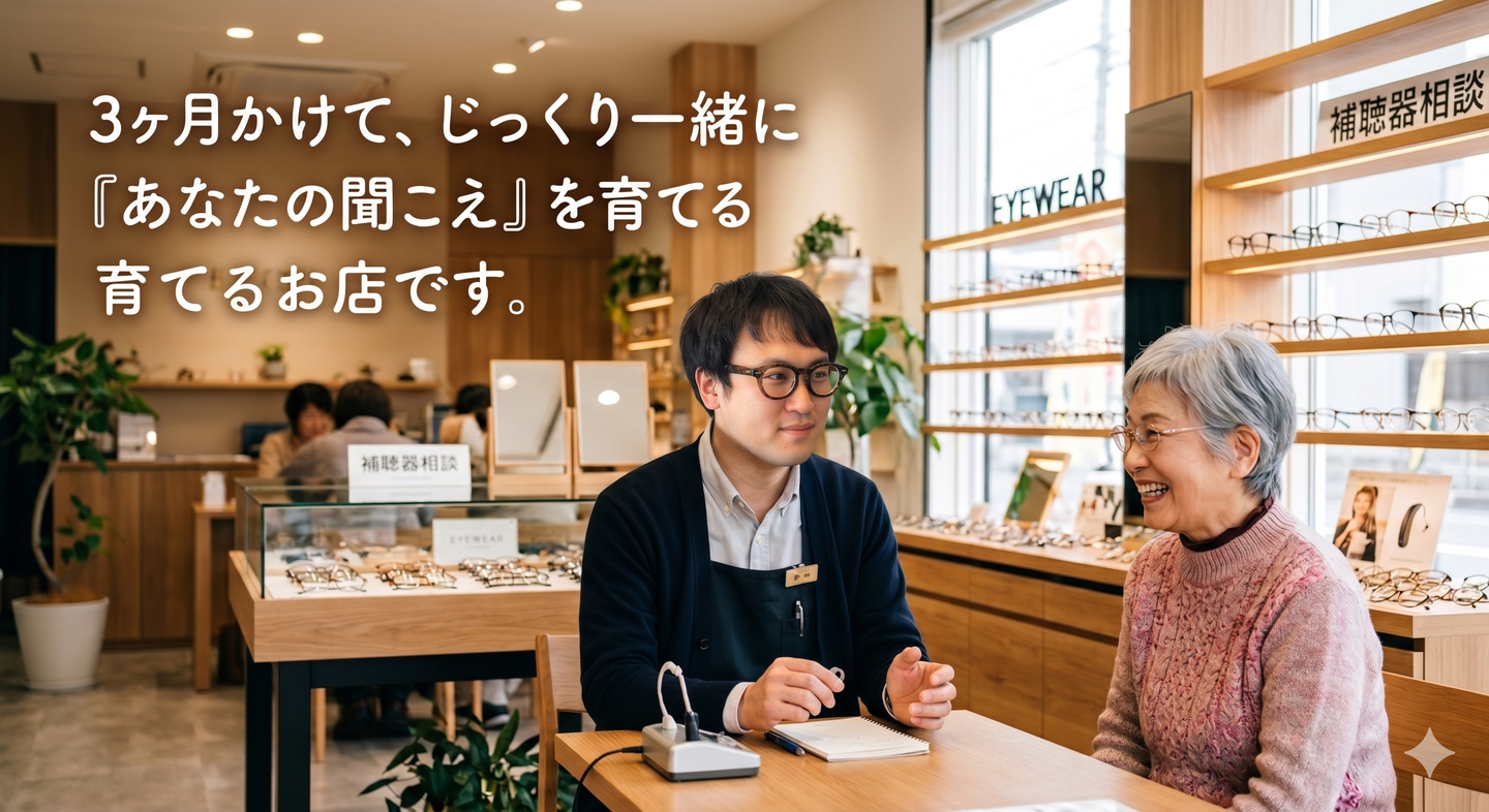 alt="メガネーゼの補聴器相談。明るい眼鏡店内で笑顔で接客するスタッフとシニア女性のお客様。「3ヶ月かけて、じっくり一緒に『あなたの聞こえ』を育てるお店です。」のキャッチコピーテキスト入り画像"
