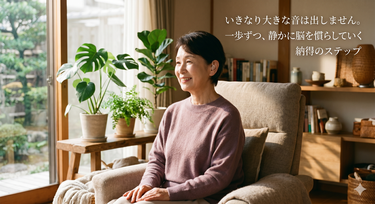 alt="メガネーゼの補聴器体験。自宅のリビングで補聴器をつけ、穏やかに微笑むシニア女性のお客様。「いきなり大きな音は出しません。一歩ずつ、静かに脳を慣らしていく納得のステップ」のテキスト入り画像"