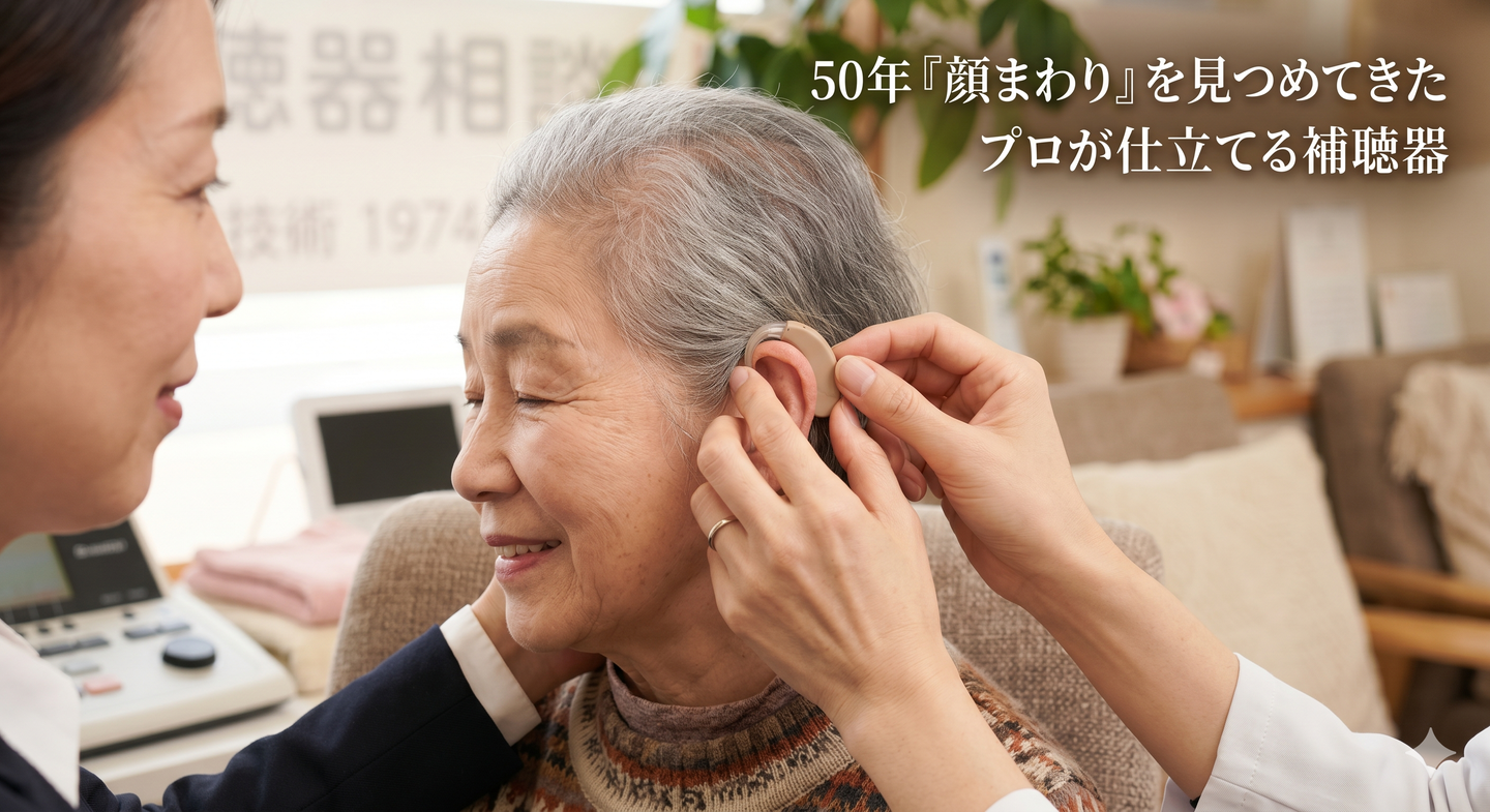 alt="補聴器を高齢女性の耳に丁寧にフィッティングするスタッフの手元。背景に「補聴器相談」の看板。画像右上に『50年『顔まわり』を見つめてきたプロが仕立てる補聴器』のキャッチコピー入り"